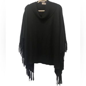 Cynthia Rowley Black Turtleneck Poncho Cape Shaw fringes sweater OS